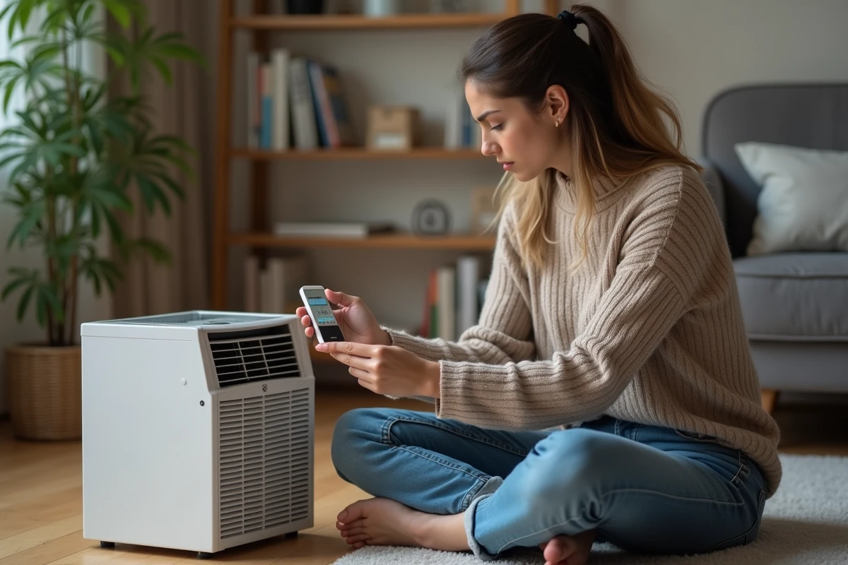 Jeune femme examinant un code erreur sur une climatisation
