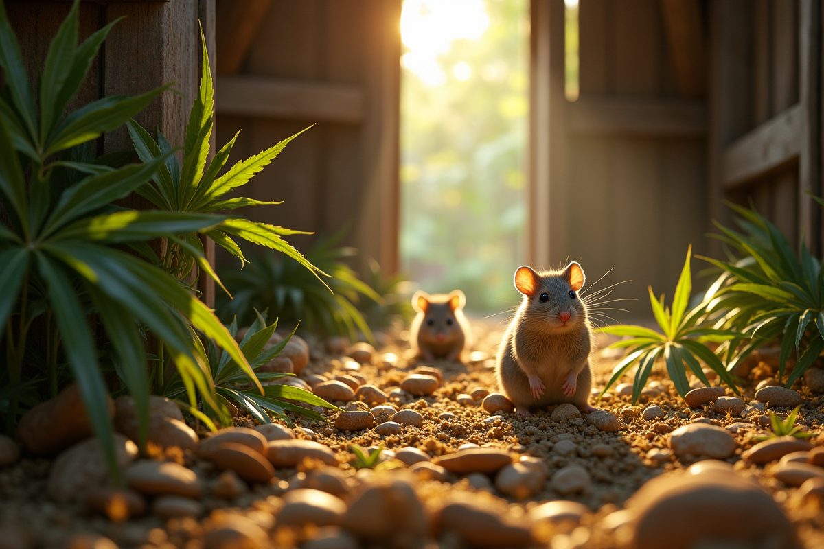 Feuilles de hemp dans une grange avec des souris hésitantes