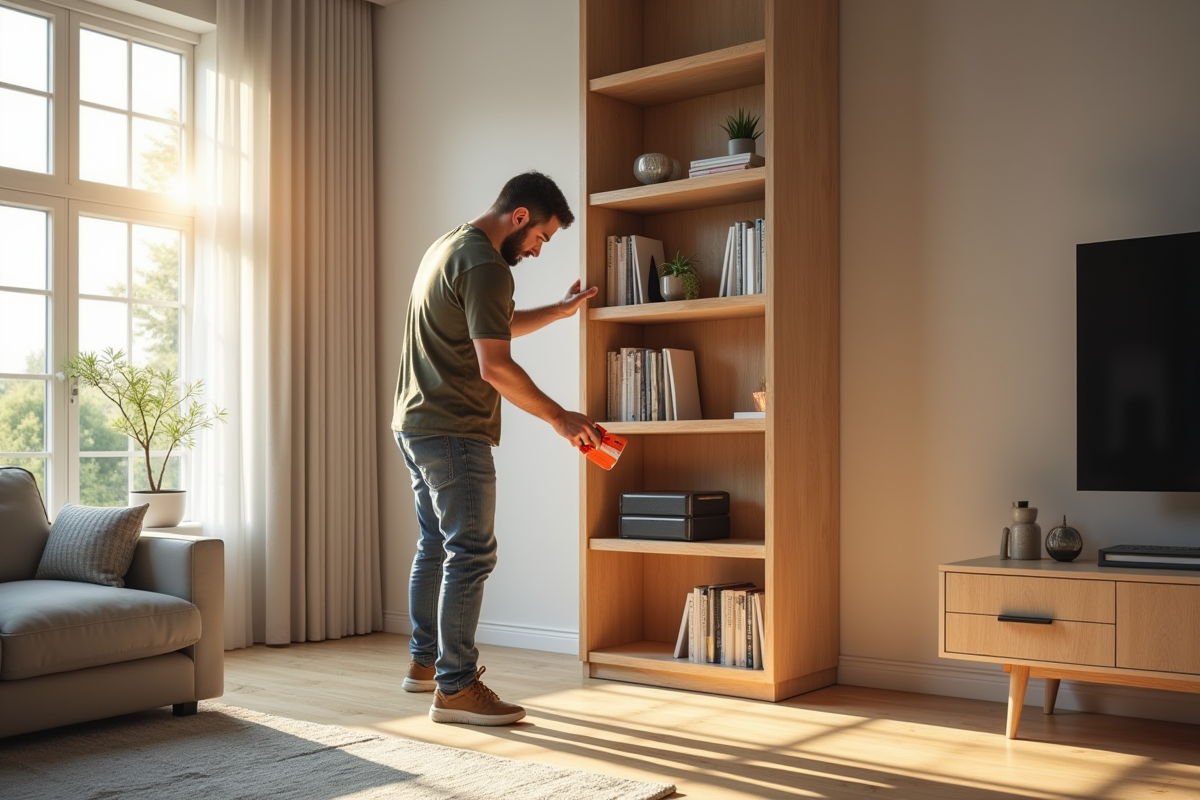 Personne fixant une grande bibliothèque au mur avec un système adhésif