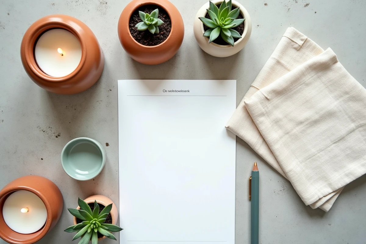 Flat lay d'objets de décoration intérieure économiques sur surface en béton gris, style éditorial minimaliste