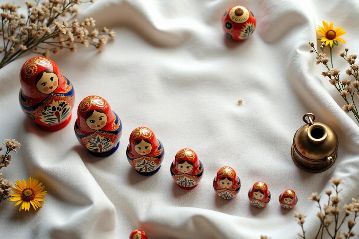 Flat lay de poupées matriochkas russes décroissantes sur nappe en lin avec accessoires vintage et fleurs séchées