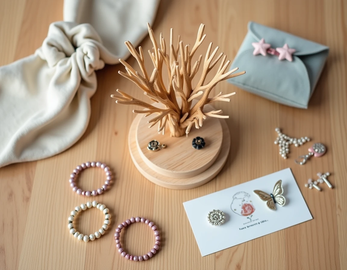 Vue du dessus d'un arbre à bijoux en bois avec bijoux pour enfant et accessoires sur parquet en bois clair