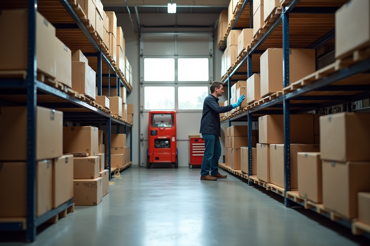 Personne rangeant des cartons dans un garage organisé