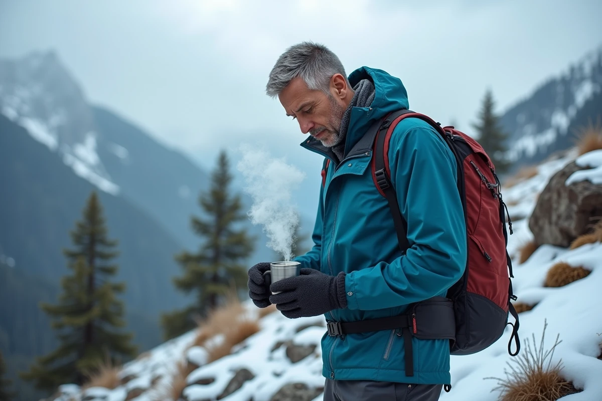 Randonneur versant une boisson chaude depuis une gourde chauffante intelligente sur un sentier enneigé en montagne