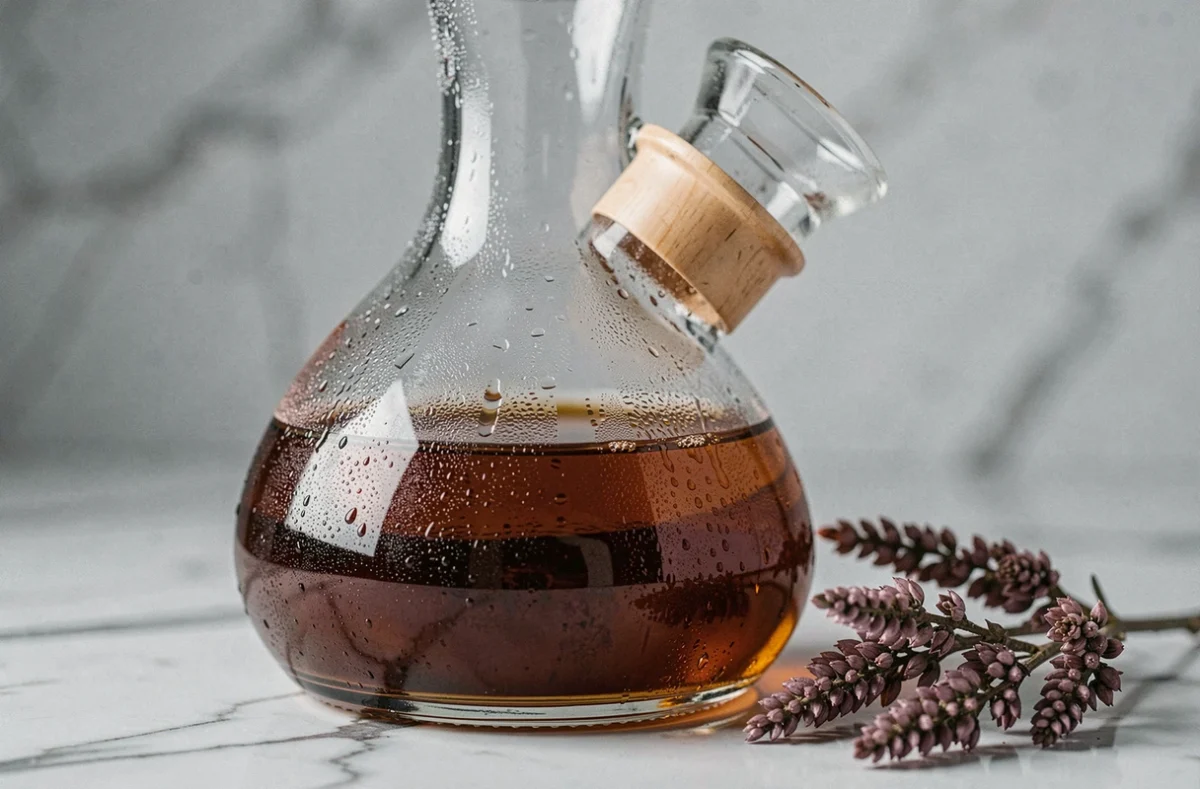 Gros plan d'une carafe en verre soufflé remplie de whisky tourbé avec condensation sur fond de marbre blanc