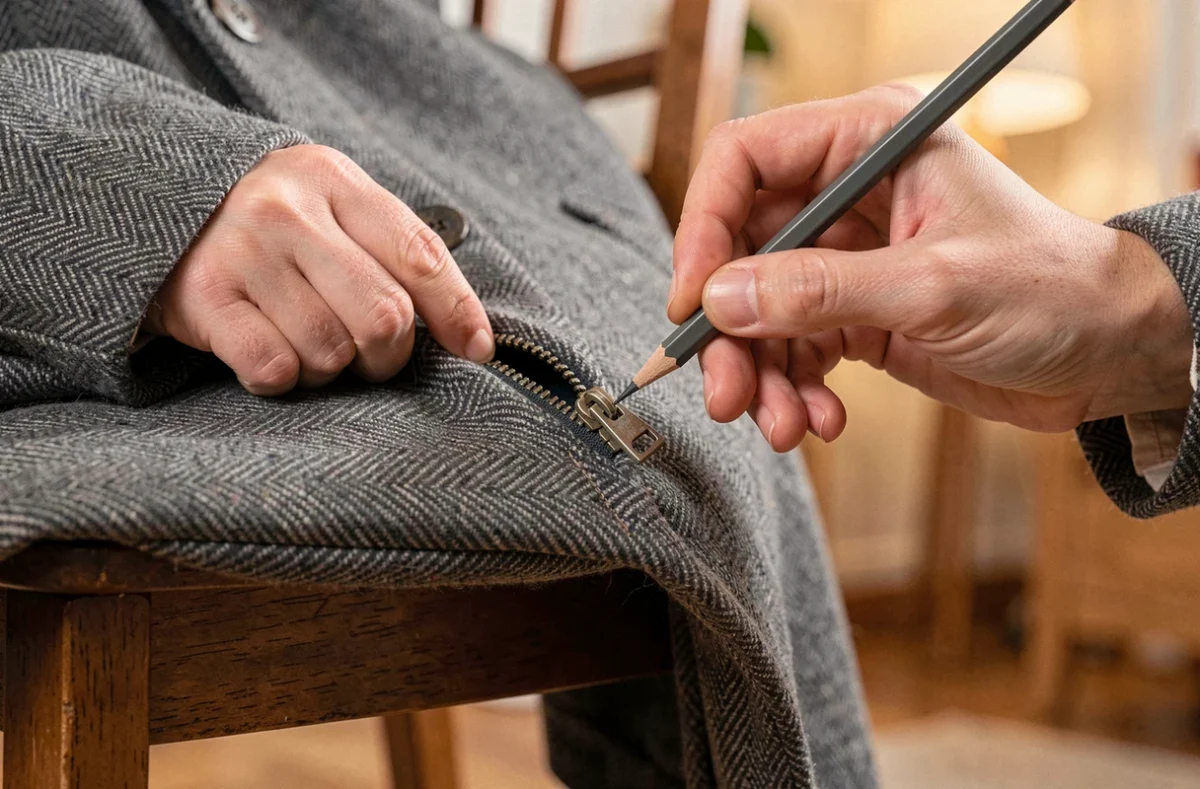 Gros plan de mains utilisant un crayon graphite pour débloquer une fermeture éclair coincée en bas d'un manteau gris