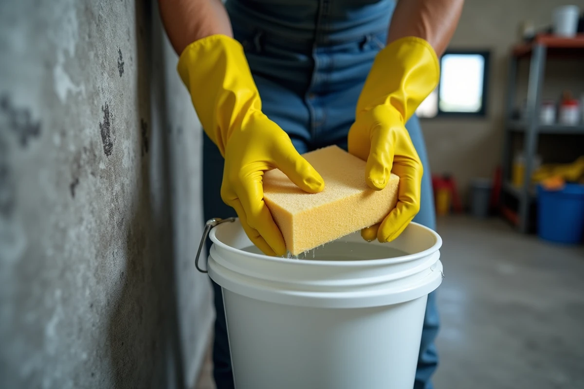 Gros plan de mains gantées essorant une éponge dans un seau pour lessiver un mur tâché avant peinture
