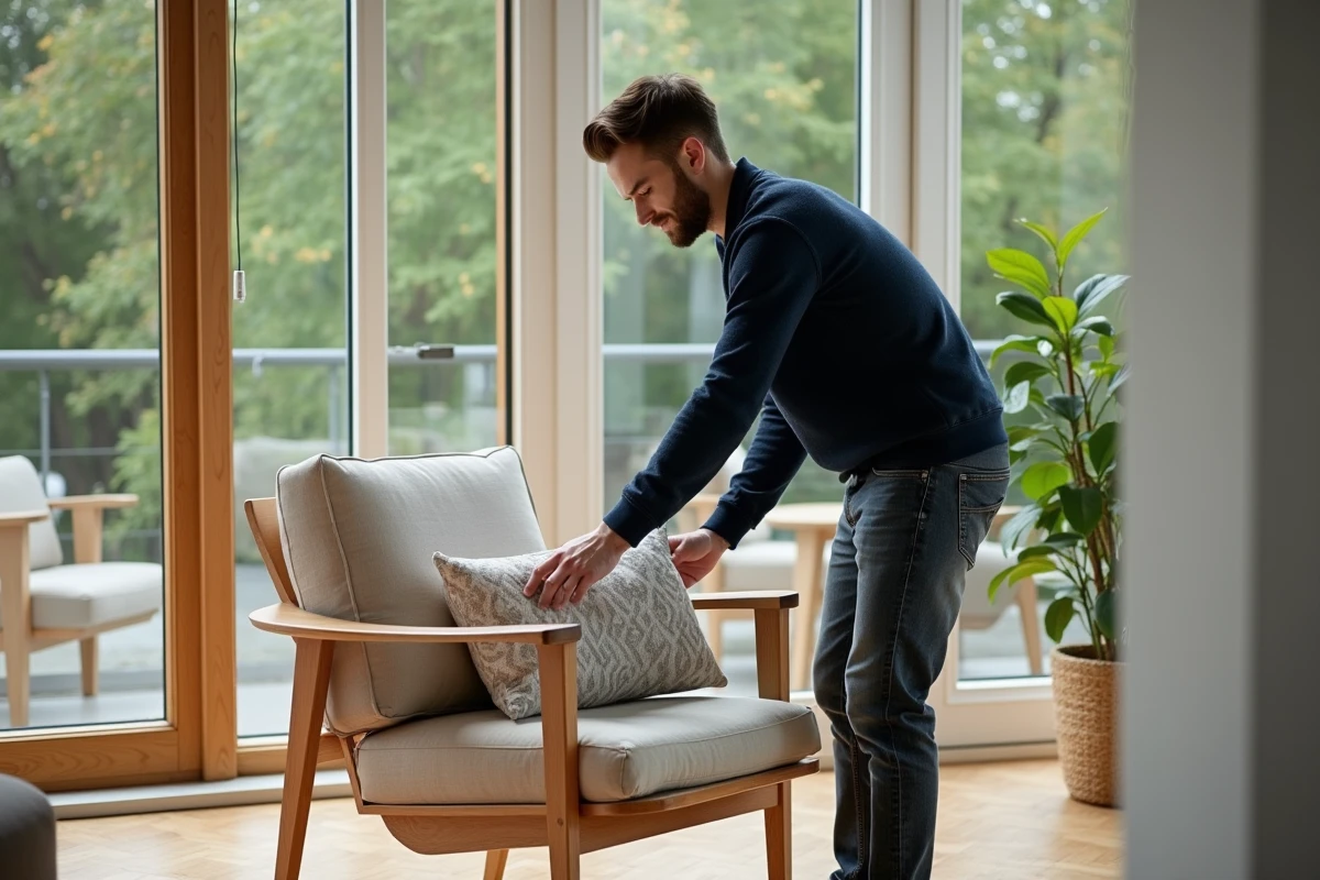 Homme arrangeant une chaise en bois moderne