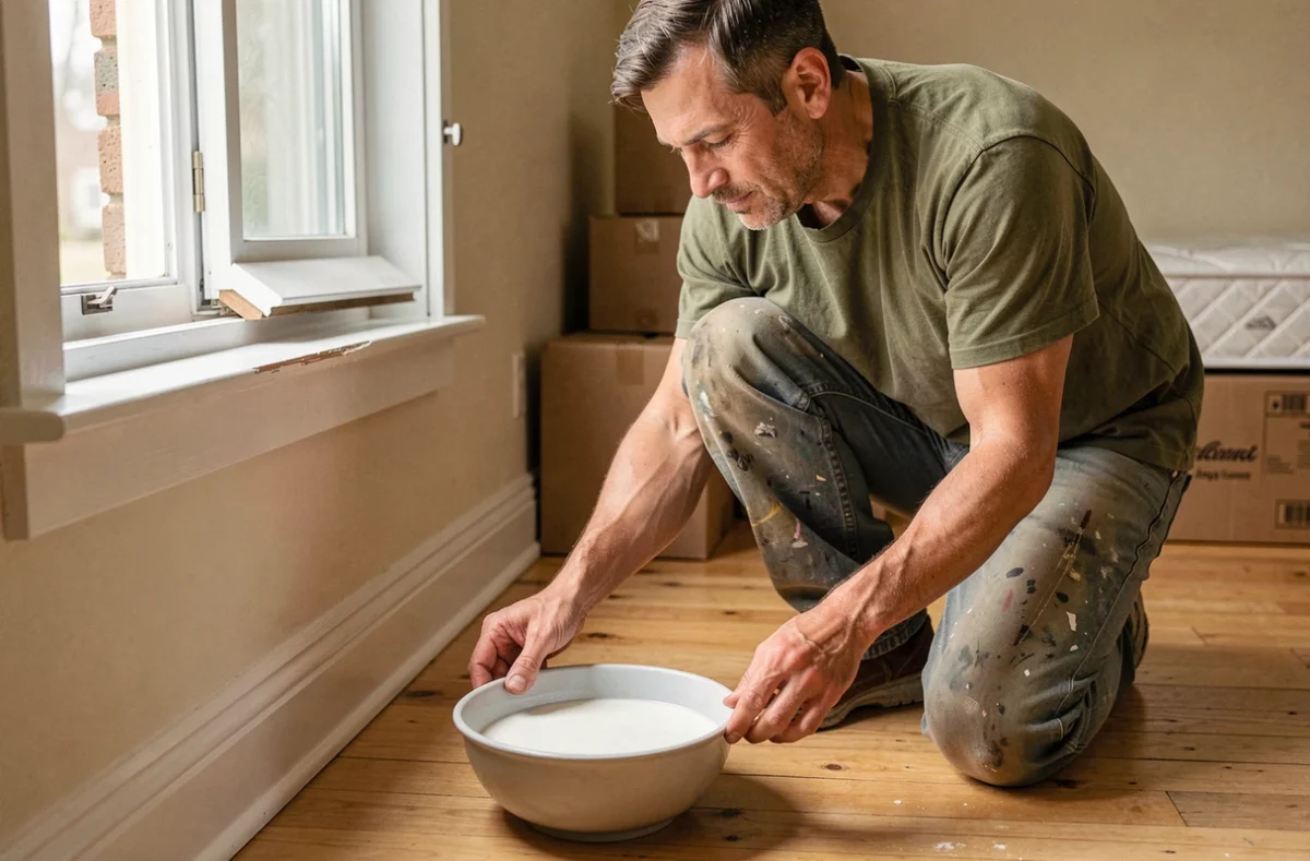 Homme plaçant un bol de solution maison pour absorber l'odeur de peinture dans une chambre fraîchement rénovée