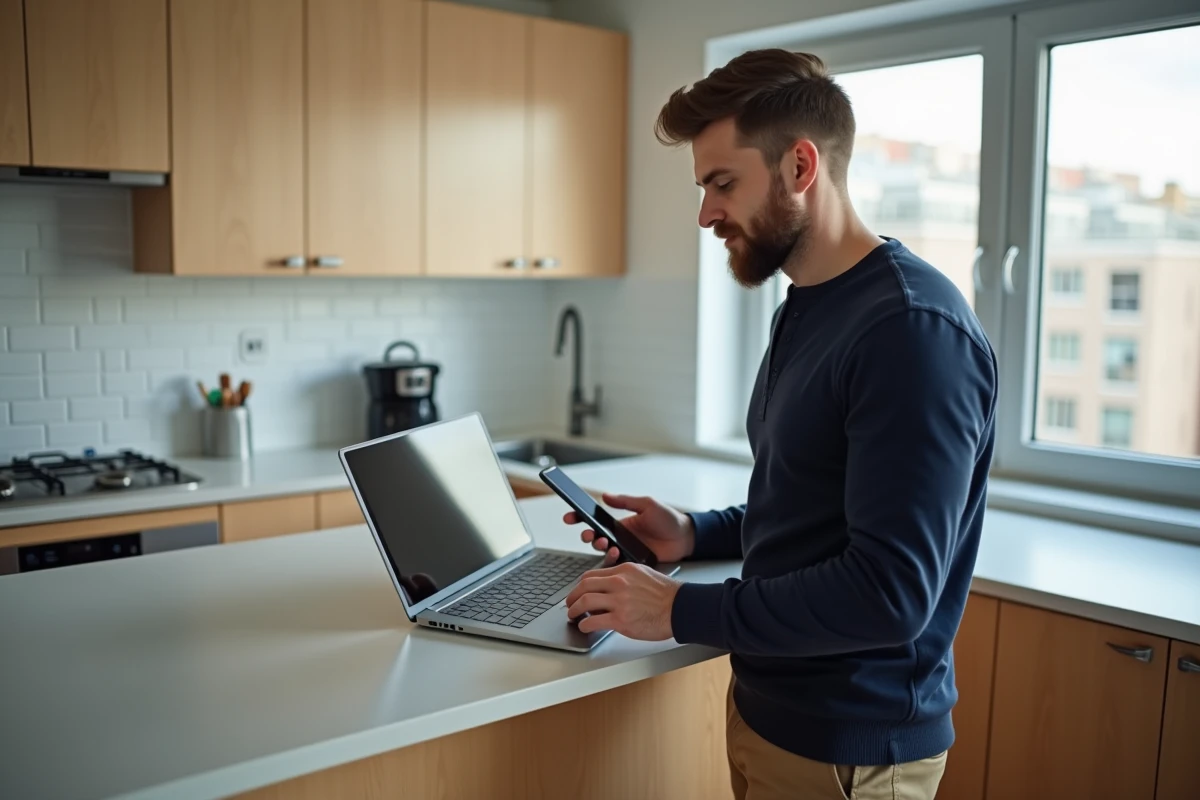 Homme organisant son déménagement avec une checklist en ligne sur ordinateur portable dans une cuisine moderne