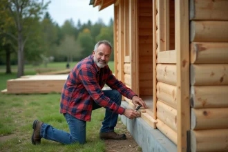 Homme en flanelle construit un petit chalet en bois