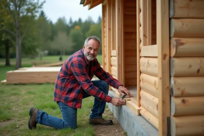 Homme en flanelle construit un petit chalet en bois