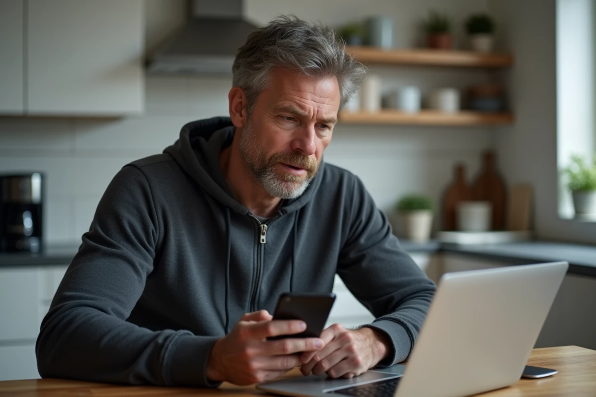 Homme consultant des avis clients sur une alarme Verisure sur ordinateur et smartphone