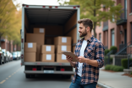 Homme vérifiant un inventaire devant un camion de déménagement