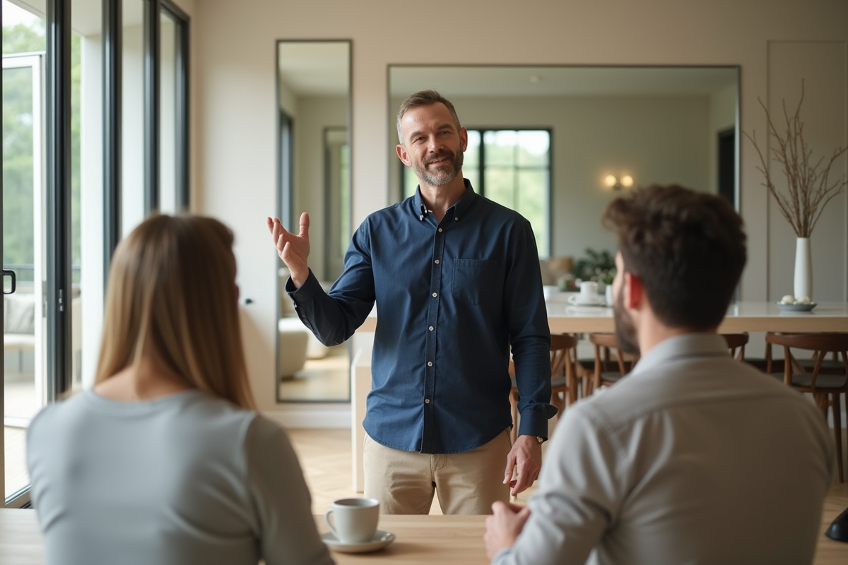 Homme discutant de design intérieur dans une salle à manger lumineuse