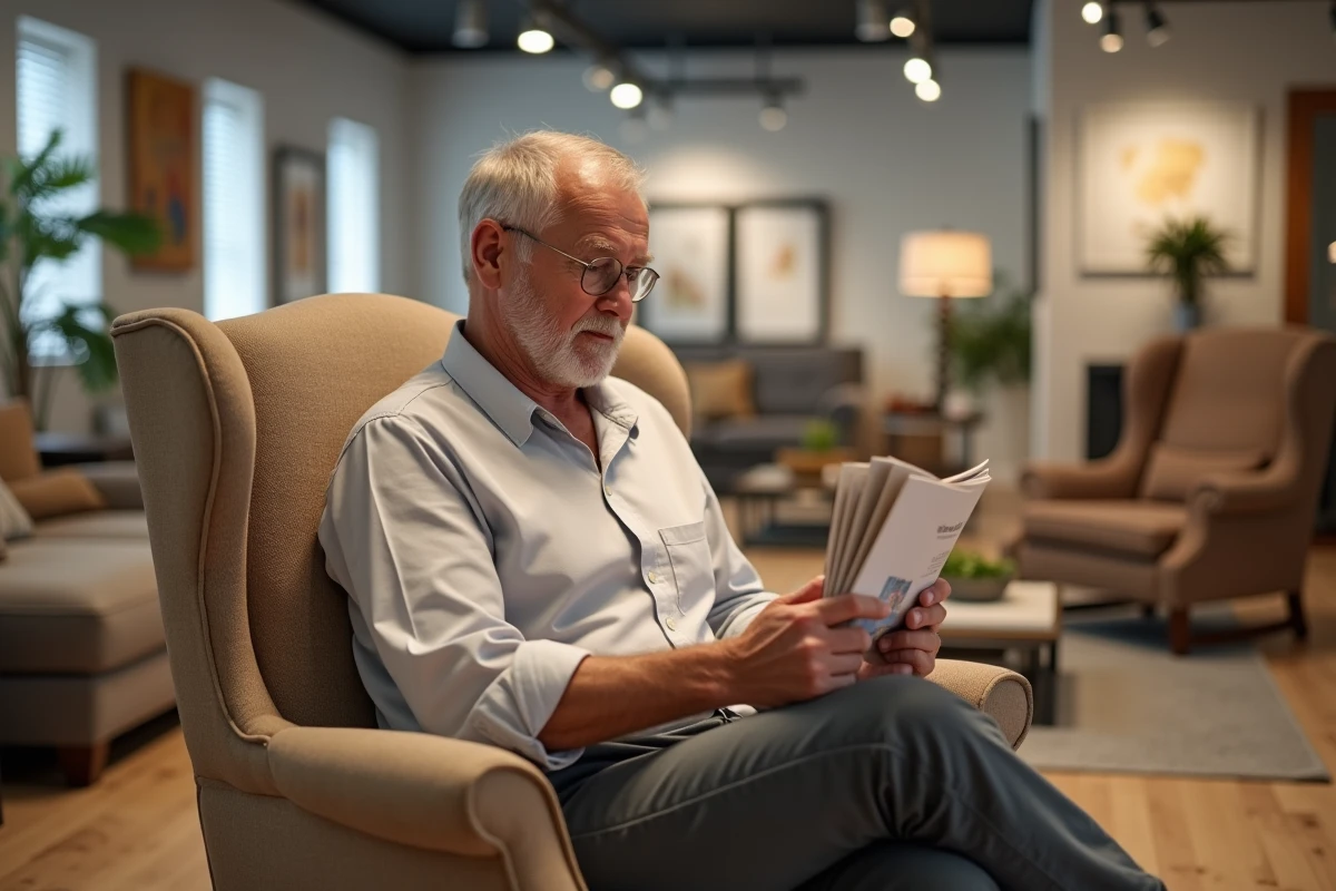 Homme lisant un catalogue assis dans un fauteuil exposé dans un magasin de meubles Poltron et Sofa à Aubagne