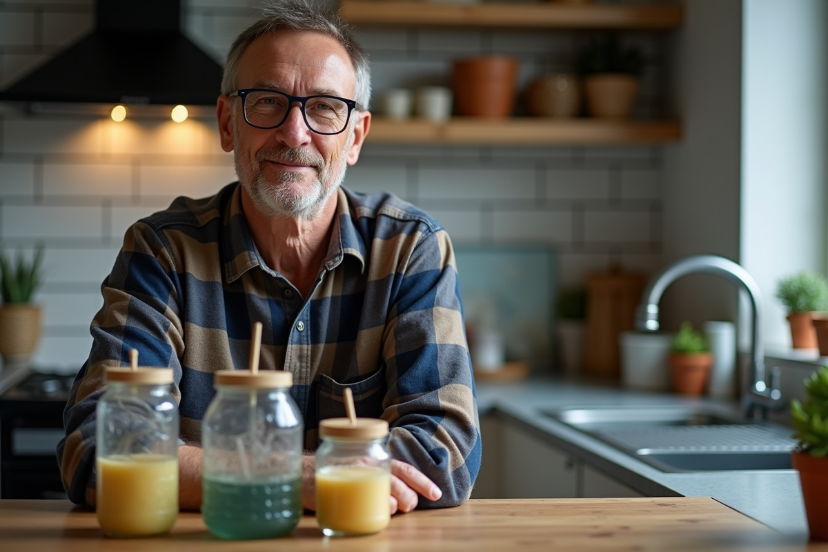 Homme prépare un filtre à eau dans la cuisine