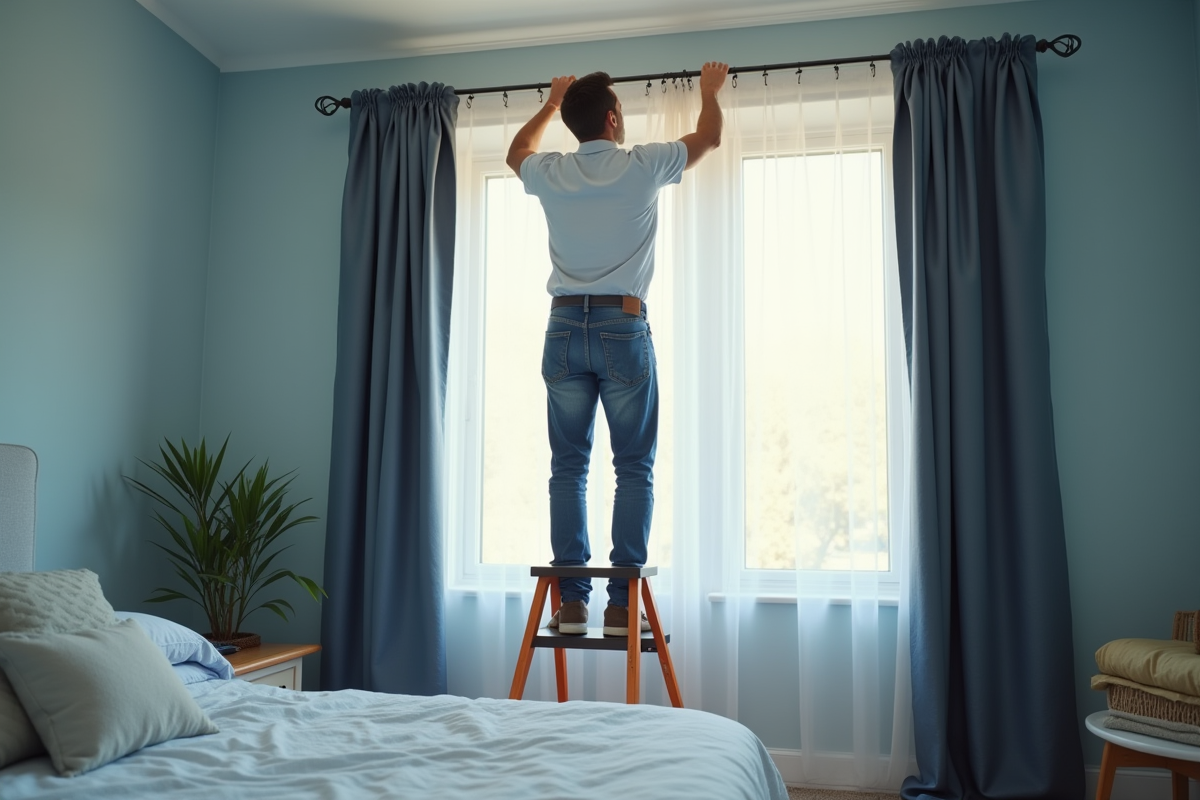 Homme installant une tringle à rideau dans une chambre