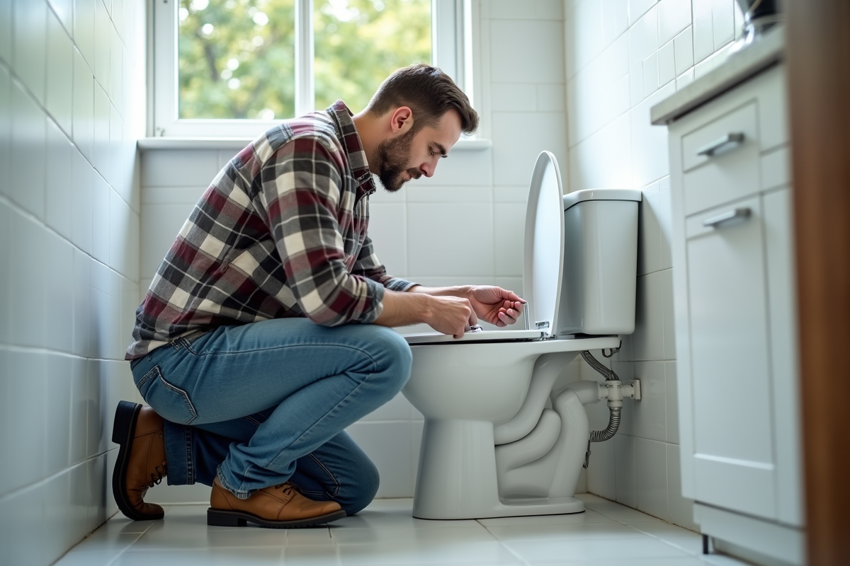 Homme posant un tuyau d'eau de pluie sur une toilette moderne
