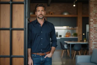 Homme en navy et jeans près d'un diviseur industriel dans un loft