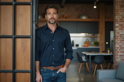 Homme en navy et jeans pr&egrave;s d'un diviseur industriel dans un loft