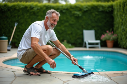 Homme d'âge moyen nettoyant une petite piscine dans le jardin