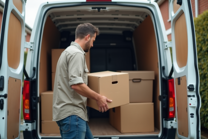 Homme en workwear organisant des cartons dans un van