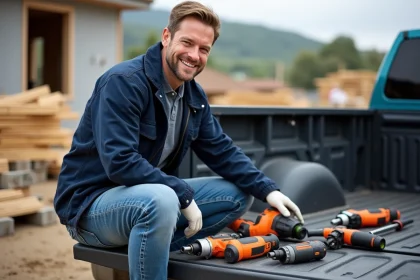 Homme souriant examine outils sur chantier en ext&eacute;rieur