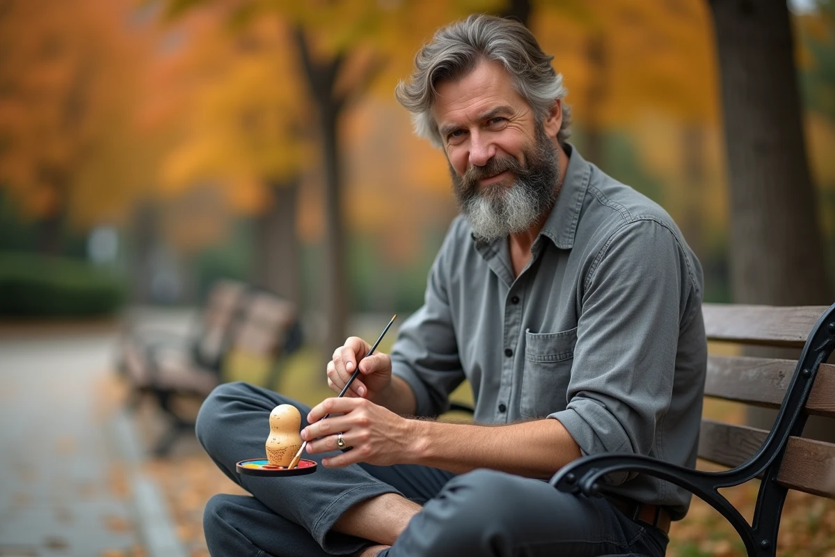 Homme peignant une poupée matriochka en bois dans un jardin public en automne, scène artisanale et authentique