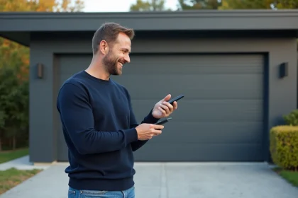 Homme souriant programme une porte de garage moderne
