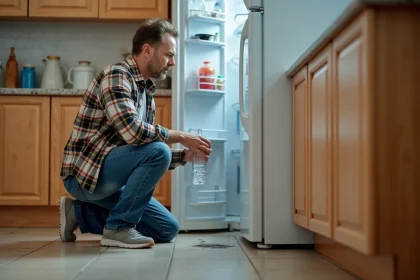 Homme d'&acirc;ge moyen devant un frigo avec fuite d'eau dans la cuisine
