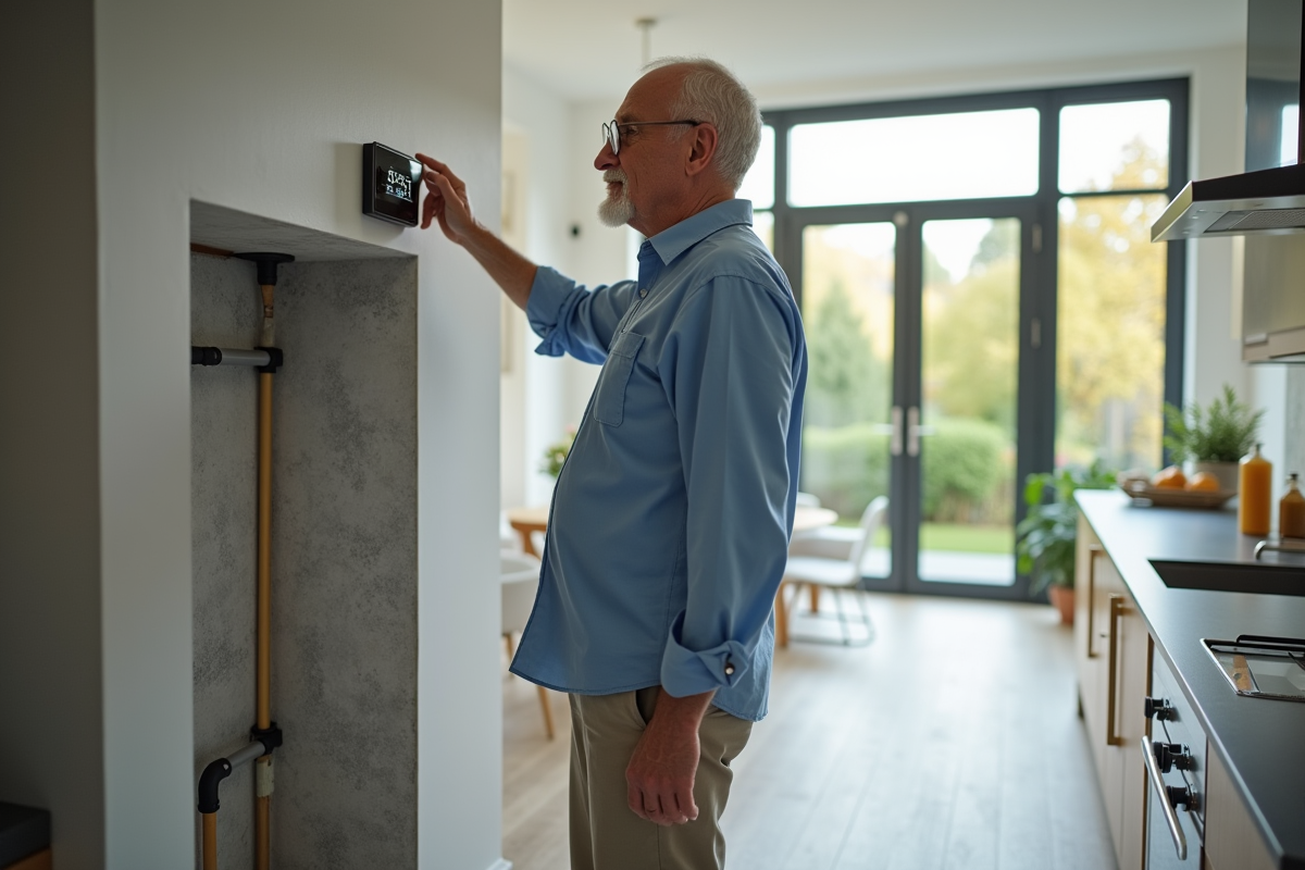 Homme ajustant thermostat dans cuisine lumineuse