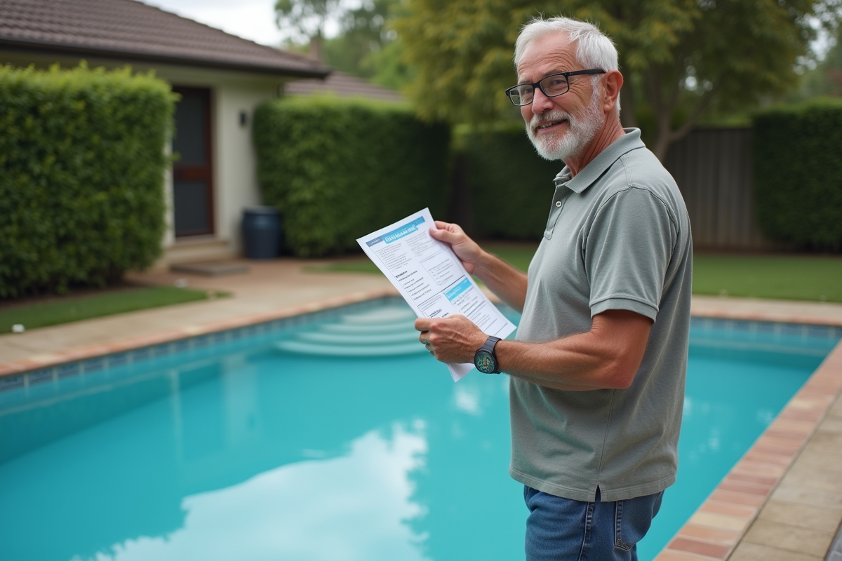 Homme pensif près d'une piscine vide avec avis sur l'eau