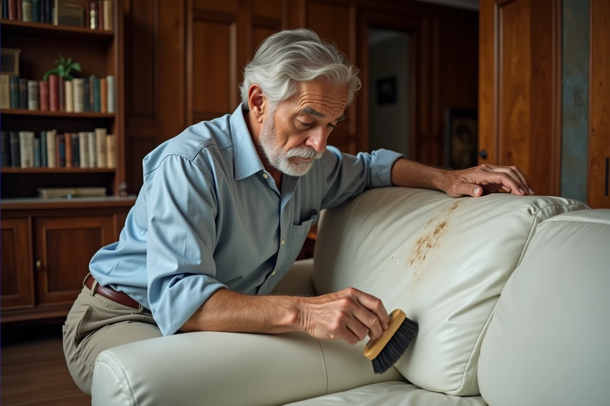 Homme &acirc;g&eacute; restaurant un canap&eacute; en cuir vintage avec brosse