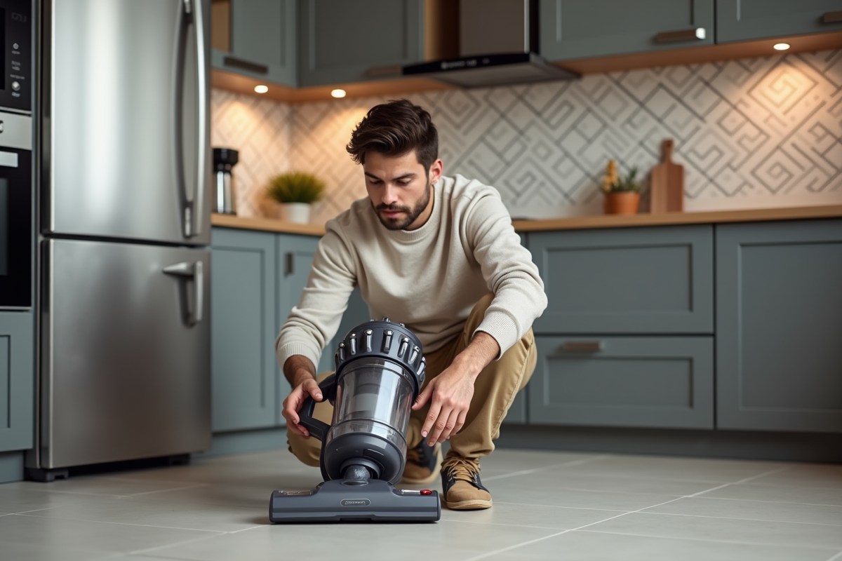 Jeune homme inspectant le bac d’un aspirateur dans la cuisine