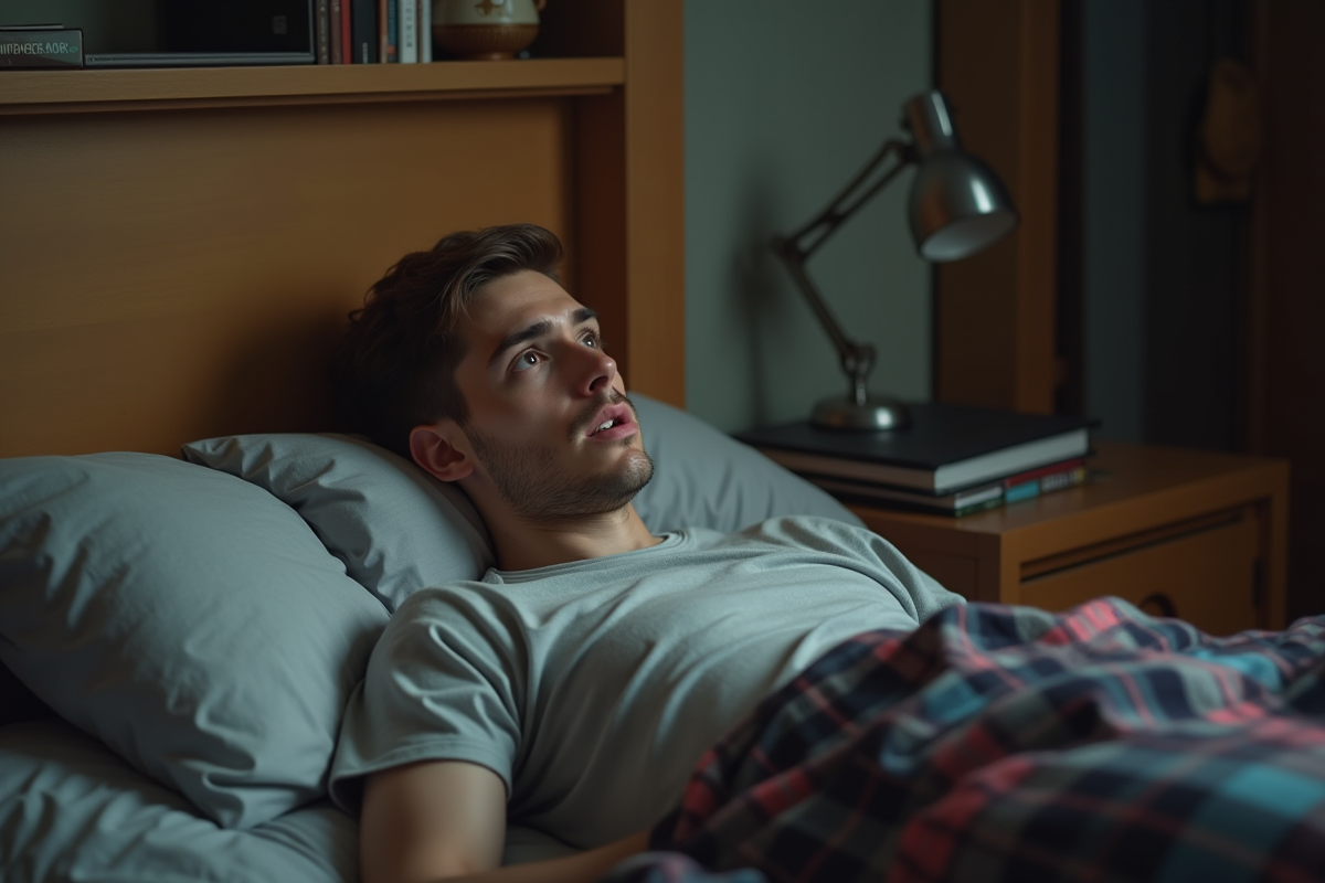 Homme allongé dans le lit face au miroir dans la chambre