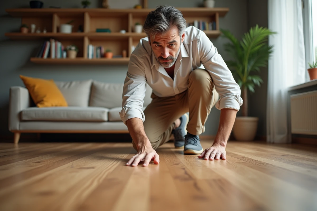 Homme examinant un parquet après nettoyage à la vapeur dans le salon