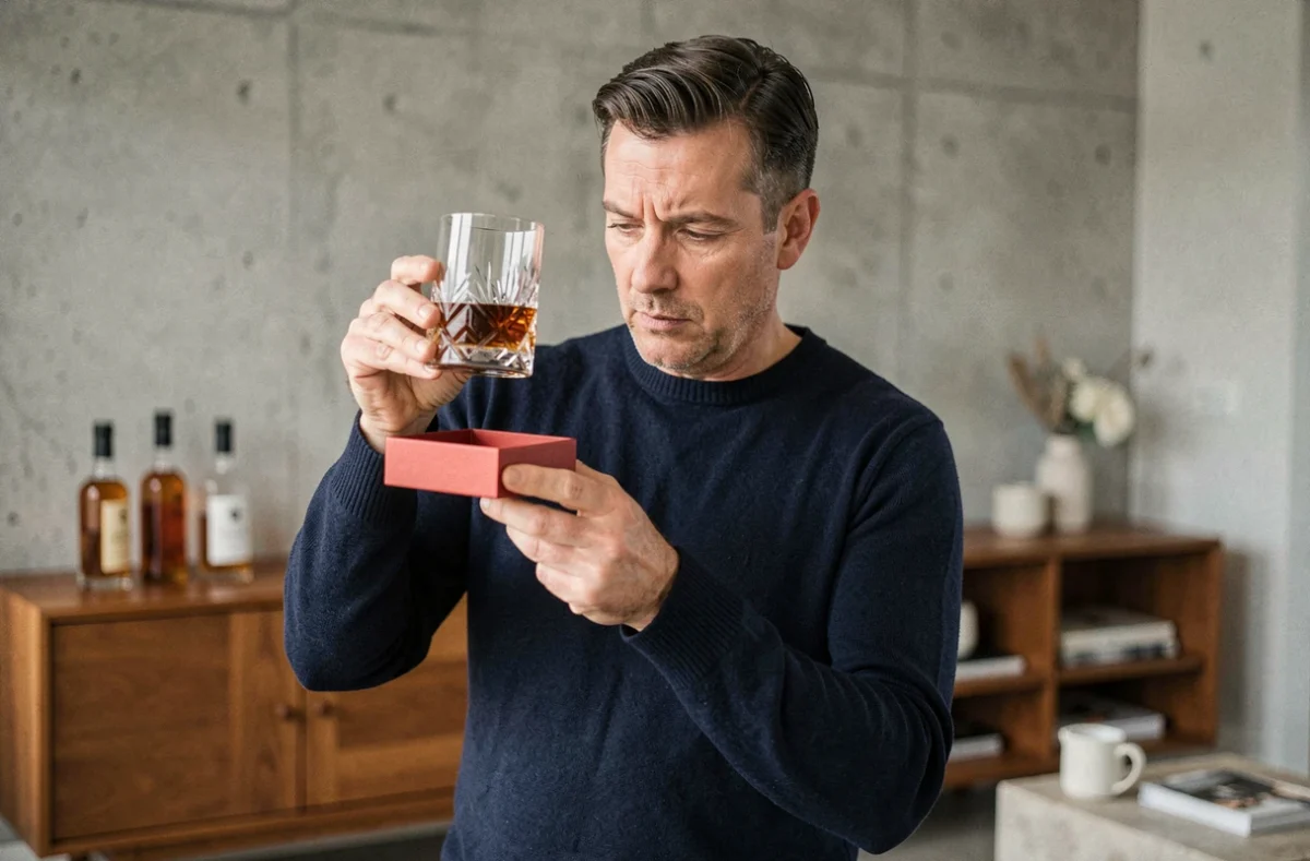 Homme inspectant un verre en cristal extrait d'un coffret whisky premium, vérification de la qualité avant achat