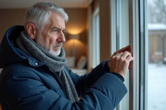Homme d'âge moyen examine une fenêtre gelée en hiver dans un salon