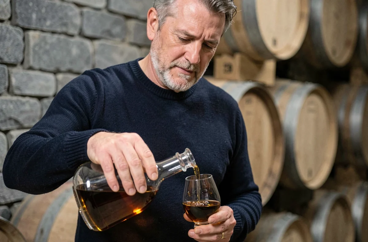Homme versant du whisky d'une carafe en verre dans un verre Glencairn dans une cave en pierre rustique