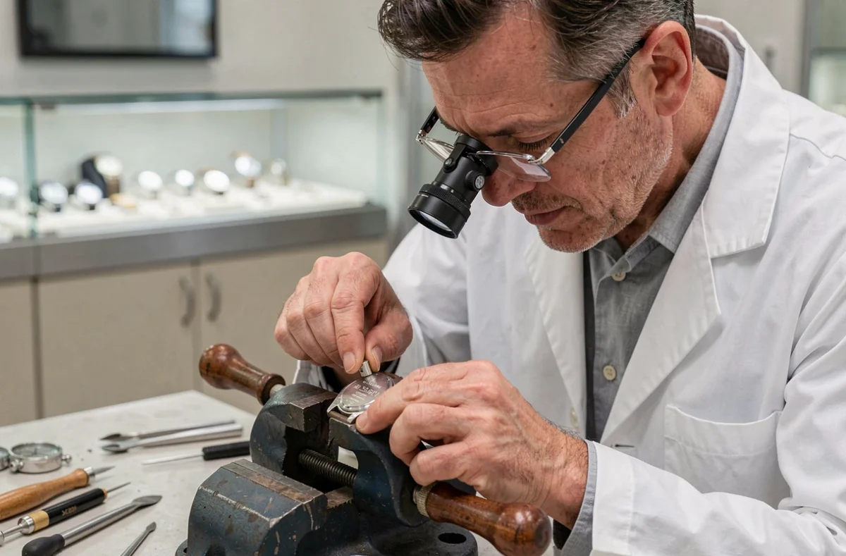 Horloger professionnel remplaçant une pile de montre dans une boutique de réparation horlogerie