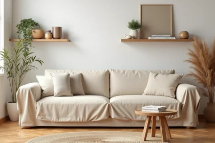 Salon moderne avec canapé méridienne recouvert d'une housse en lin beige harmonisée avec la décoration scandinave