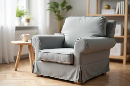 Fauteuil recouvert d'une housse extensible gris tourterelle bien ajustée dans un salon scandinave avec parquet en chêne clair