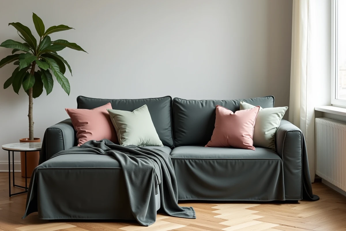 Housse de canapé méridienne en velours gris charbon avec coussins coordonnés dans un salon contemporain