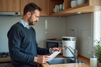 Homme inspectant un filtre à eau sous l'évier de cuisine