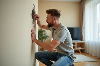 Homme inspectant un trou dans un mur en platre dans un appartement moderne