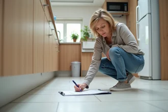 Femme inspectant les plinthes dans une cuisine moderne
