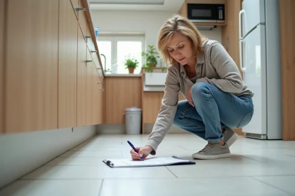 Femme inspectant les plinthes dans une cuisine moderne