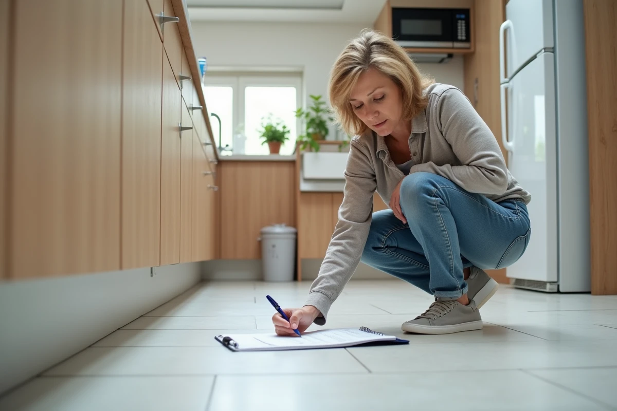 Femme inspectant les plinthes dans une cuisine moderne