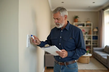 Électricien inspectant une prise murale avec un testeur de tension et une checklist avant des travaux d'installation électrique